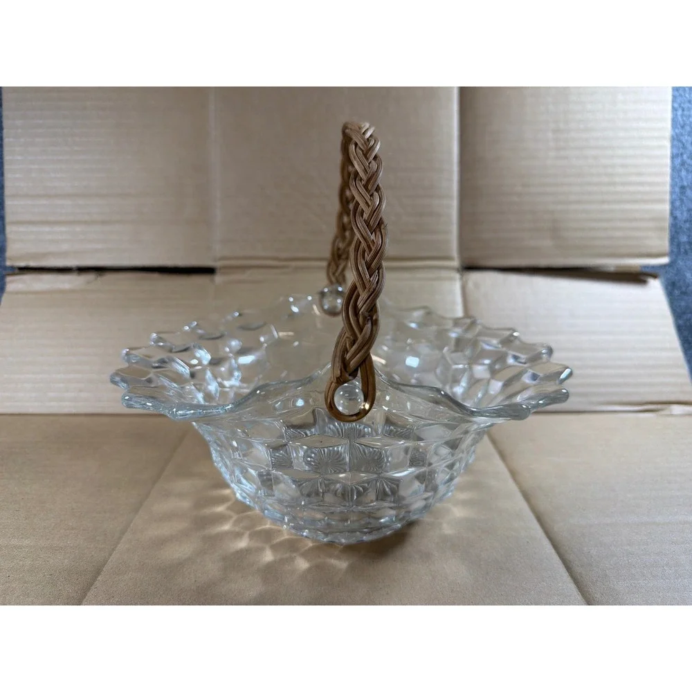 Rare Vintage Fostoria American Cube Glass Basket Wicker Handle Ruffled Rim